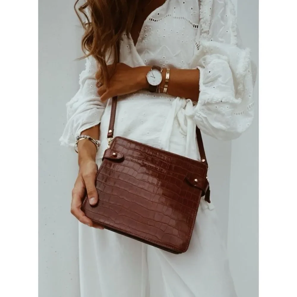Neuville - Mini Mama  Leather Croco Crossbody Bag in Black